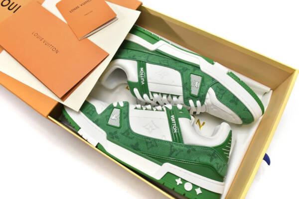 Louis Vuitton Trainer Green Monogram Denim White - Image 6